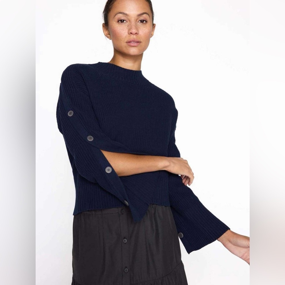 NWT Brochu Walker XS Hale Navy Blue Leigh Button Sleeve Pullover Sweater Boxy